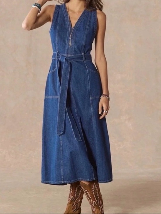 Sundance Dresses & Skirts - Sundance Poppy Denim Midi Dress Sleeveless Belted Size 8 Western Boho Festival